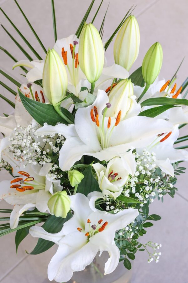 Ramo de lilium oriental blanco con las flores abiertas.