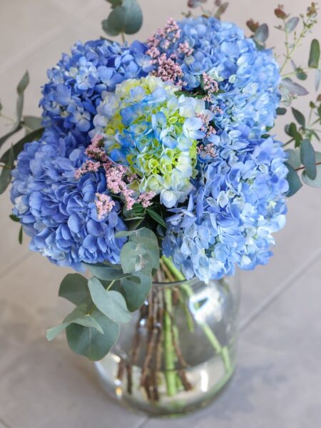 Ramo de cinco hortensias de color azul.
