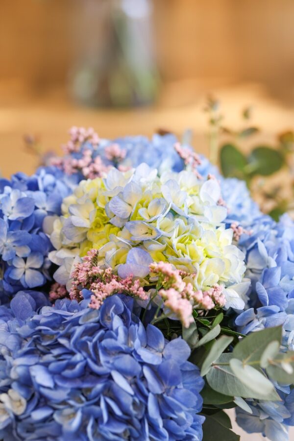 Fotografía en detalle del ramo Mr. Blue Sky, de hortensias azules.