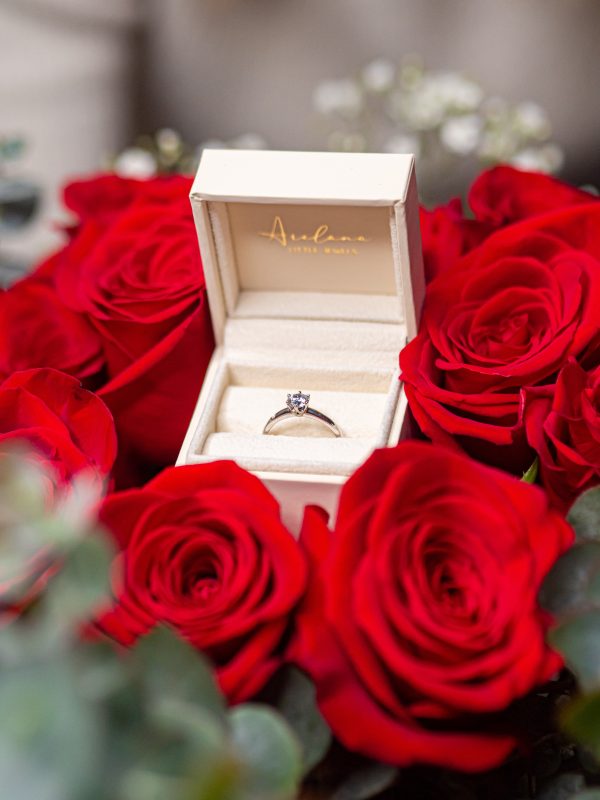 Anillo de pedida de oro sobre lecho de rosas rojas