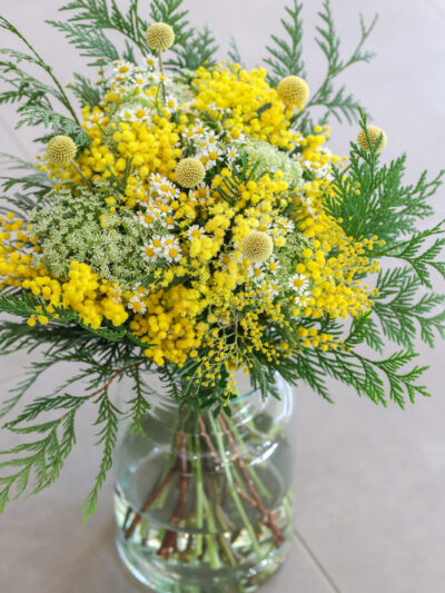 ramo de mimosa amarillo con verdes campestres