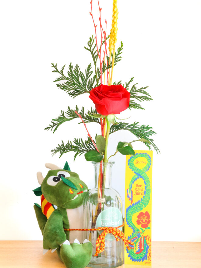 Rosa con jarrón y dragón de peluche